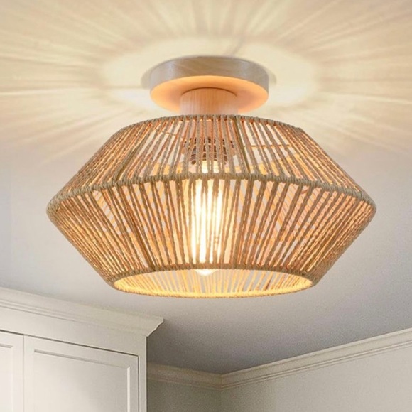 Woven Rattan Light Fixture Ceiling Mount, 12.7'' - Picture 3 of 8